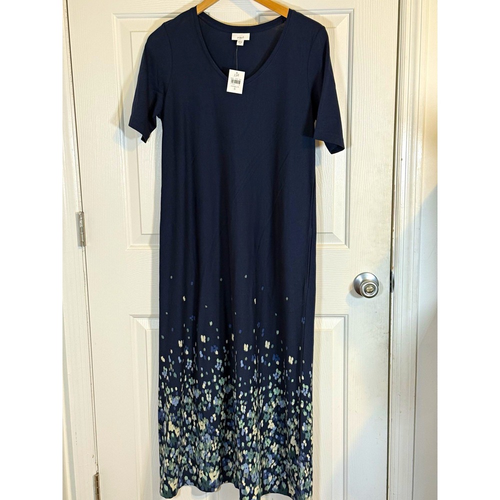 Pure Jill Blue Floral Hem T-Shirt Maxi Dress V-Neck Short Sleeve Pockets S NWT